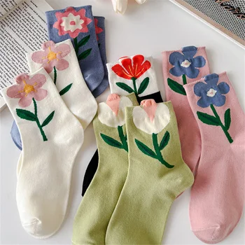 1 Чифт Женски Чорапи в японски Корейски стил с Анимационни Цвете с Ярки Цветове Harajuku Kawaii, Чорапи със средна Дължина Дишащи Ежедневни Къси Чорапи
