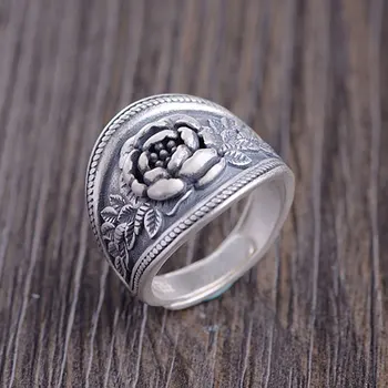 100% S990 фино сребро антикварное craft дамска мода на едро цъфтящи цветя тайское сребърен пръстен