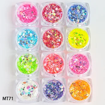12Jar Glitter Mix, Смесен Размер Шестоъгълни, Дизайн на Нокти, Раднево, Смола За нокти, Люспи с Пайети, 12 цвята, Холографски Блясък За Нокти