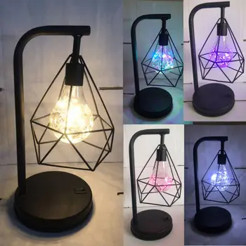 1бр 2019 Нов Стил Ретро Черно Геометричен Тел Индустриално Led Лампа Нощна Страничната Батерия Настолна Лампа