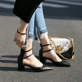 2018-нови пролетни модели на дебели фини обувки на висок ток с остър пръсти, дамски обувки в черно ток, дива летни обувки