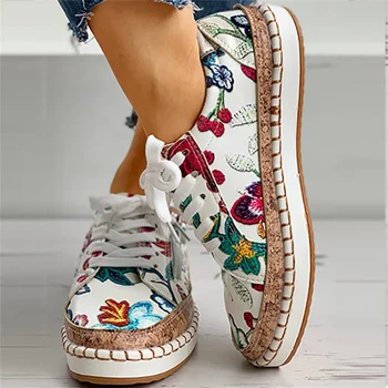 2021 Дамски обувки, Елегантни дамски обувки на плоска подметка с шнур и Флорални Принтом, Модни дамски Вулканизированная обувки с кръгло бомбе, дамски Ежедневни Обувки