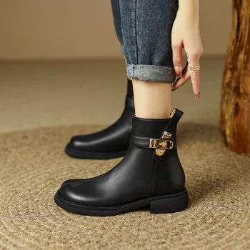 2022 г. Нови дамски ботильоны от естествена кожа 22-24,5 см, модерни ботуши от естествена телешка кожа със страничен цип и метален механизъм за заключване, къса обувки в стил ретро