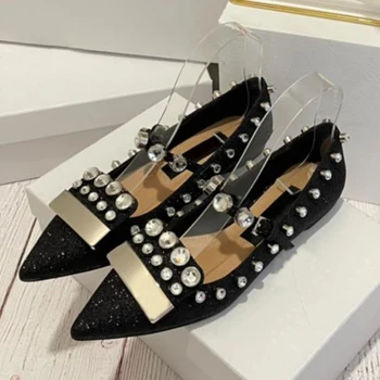 2022 г., Нови дамски пролетно-есенни обувки на плоска подметка с кристали, дамски Остроносые Страхотни обувки с кристали, фини обувки с тесен чучур