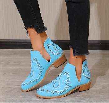 2022 Дамски обувки; ботильоны с флорални Принтом; Модни Дамски пикантни обувки с остър пръсти; дизайнерски обувки, къси ботуши без закопчалка на нисък ток; женски