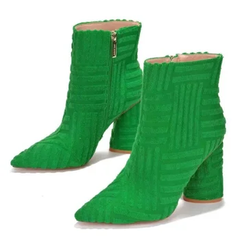 2022 Дизайнерски дамски обувки Есенни женски Ботильоны Зелени римски обувки с остри пръсти Дънкови Пикантни обувки на квадратен ток със страничен цип