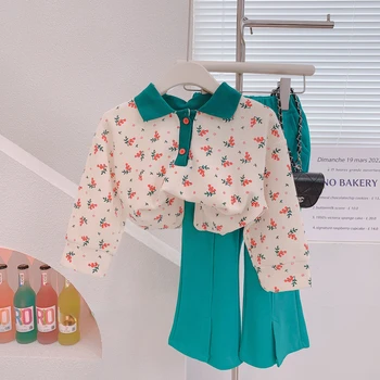 2022 Есенен Комплект с цветен Модел За момичета, Всекидневни Сладък Пуловер с ревера за Деца + Разкроена Панталони, Комплекти от две части, Дрехи с дълъг ръкав за Момиченца