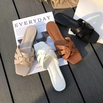 2022 Модни Сандали Плюс Размер На равна подметка С Квадратни пръсти, Ежедневни Открита Плажна Обувки С дупки Дамски Чехли С Отворени Пръсти Удобни Обувки