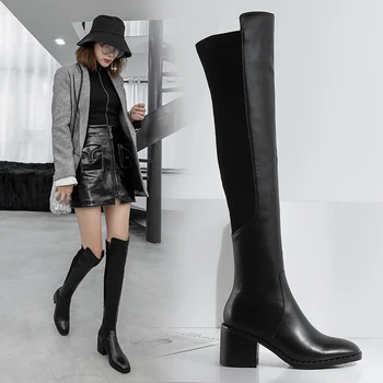 2022 Черни дамски ботфорты над коляното в стил мозайка от естествена кожа на висок ток 7 cm, в есенно-зимната Мода обувки, Големи Размери 34-43