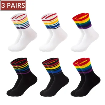 3 чифта/комплект, дамски памучни Преливащи се цветове Чорапи Happy, черни, бели, Шарени, Модерни дрехи за ЛГБТ, Цветни пролетно-есенни Ежедневни Къси Чорапи