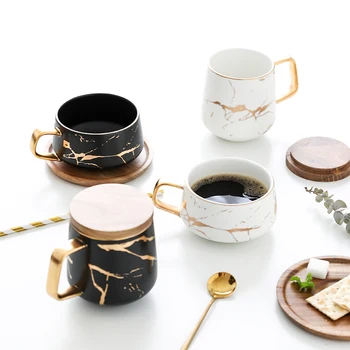 300 мл Луксозни мат керамични и мраморни чаени Чаши за кафе с дървени Чинии, инкрустирани с черно и бяло злато, керамични чаши