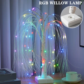 60 LED Willow Night Light Цветно Дърво, Дистанционно Управление с Настолна Лампа с 7 Режима на Осветление RGB Страхотна Лампа USB/Батерия малка странична Лампа
