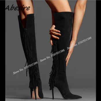 Abesire/Нови Черни Обувки с Ресни и страничен цип, Обикновена Ботуши до Коляното, Дамски Обувки с остри Пръсти, Zapatillas Mujer, на Висок Ток