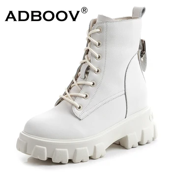 ADBOOV/Нови Ботильоны от естествена кожа на платформа Дамски Зимни обувки Мартенс с цип Отстрани, Бели, черни