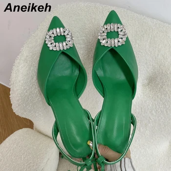 Aneikeh/Новост 2022 г., дамски обувки-лодка на тънък висок ток с остър пръсти, Класическата украса във формата на Кристално цвете, Секси Вечерна рокля, обувки с кръстосани шнур на глезена