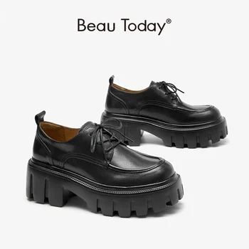 Beau Today/ дамски обувки-дерби от телешка кожа, дантела с кръгло бомбе на дебела подметка и платформа за Пролет-есен ръчно изработени A21894