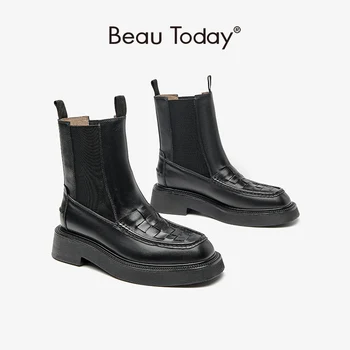 BeauToday/ женски ботильоны от естествена телешка кожа без шнур с кръгла пръсти в стила на Плетене, дизайнерски дамски обувки на платформа изработени ръчно 03A30