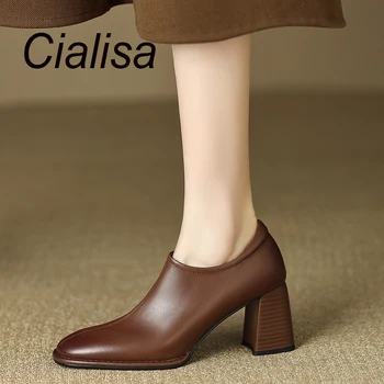 Cialisa/обувки-лодка; колекция 2023 г.; Пролетно нова дамски обувки кафяв цвят от естествена кожа ръчно изработени, без закопчалка на висок ток 7 cm; дамски обувки големи размери 42