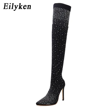 Eilyken/2023 г., Нови Модни дамски чорапи на висок ток с пайети, Обувки от еластична тъкан, Чубрица Ботфорты над коляното, Размер 35-43