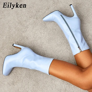 Eilyken/размери 35-42; женски Ботильоны с квадратни пръсти; Модерен Есенно-зимни Обувки На Висок Ток на Мълния; Офис женски Обувки син; Botas De Mujer
