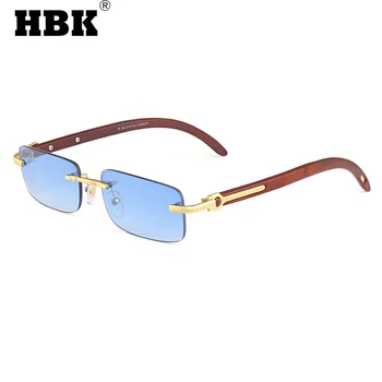 HBK Модерен Мъжки Квадратни Слънчеви очила Без Рамки, Дървени Златни Рамки, Очила със Сини Лещи, Защита UV400, Правоъгълни Малки Очила За Шофиране