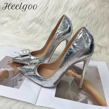 Heelgoo, Пикантни женски обувки на висок ток с остър пръсти и лък, 12 см, 10 см, 8 см, сватбени обувки-лодка на висок ток, без скрепителни елементи, по-големи Размери 33-46