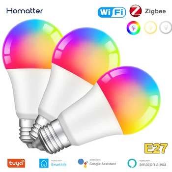 Homatter Sasha Умна крушка WiFi /Zigbee 3,0 15 W E27, Лампа Многоцветен RGB CW Лампа с регулируема яркост Работи с Алекса Лампа Google Home