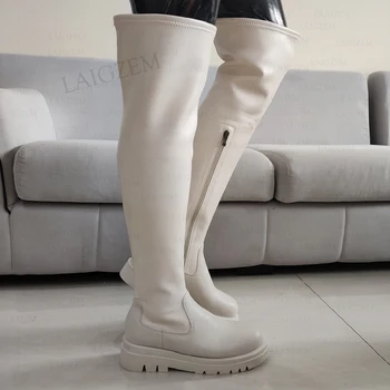 LAIGZEM/Дамски ботуши над коляното, кожени + синтетични Еластични ботуши на нисък ток с страничния цип, Удобни Дамски обувки-Големи Размери 33 37 42 43