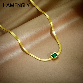 LAMENGLY Неръждаема Стомана 316L Геометричен Квадратен Зелен Медальон Колие Crystal За Жени Мода Плоска Змия Верига Бижута Подаръци