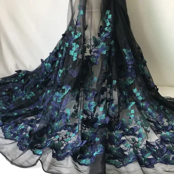 LASUI 1 ярд X0530 дрехи ръчна изработка пола, рокля Тъмно лилаво + зелен Висок клас 3D пеперуда на цвете бродирани лейси плат