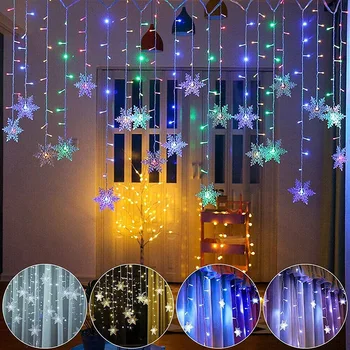 LED Приказни Светлини на Гирлянда Завеса Низ Лампа Коледна Снежинка с Дистанционно Управление Сватбена Лампа Коледно Дърво Вечерни Декор Коледа