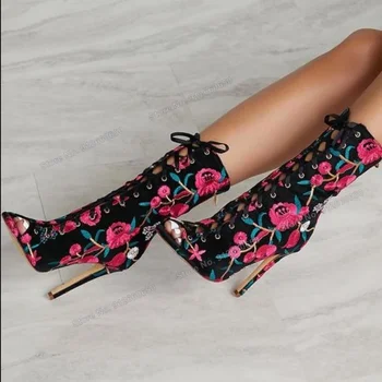 Moraima/Дамски обувки дантела с флорални интериор, черни и розови Цветни обувки с отворени пръсти, Модерни обувки за Подиум, Сватбени обувки на токчета