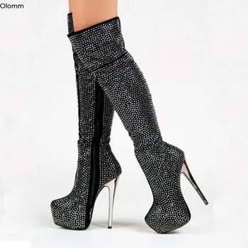 Olomm/ женски ботфорты над коляното на платформата; ботуши на висок ток с кръгла пръсти; Великолепна дамски обувки в черен цвят с кристали; големи размери САЩ 5-15