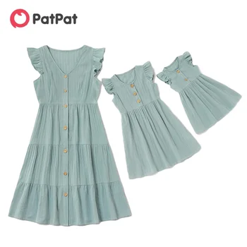 PatPat/Ново записване, Летни памучни обикновена еднакви рокли с волани, еднакви комплекти за мама и мен, дрехи за майки и бебета