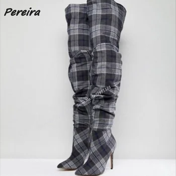 Pereira/Обувки в окото с остри пръсти; дамски обувки на висок ток с страничния цип на висок ток от мека кожа над коляното; Пикантни Черни обувки на Големия Размер на ток