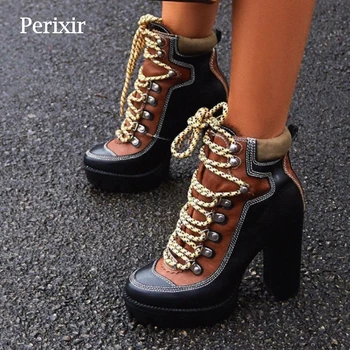 Perixir/ Демисезонные Модни Ботильоны платформа; Дамски Обувки на платформа на дебелите ток 12 см; женски Работни Обувки; Цвят Черен; Кафяв Обувки