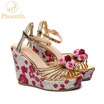 Phoentin/сандали на танкетке с флорални принтом и ключалката на щиколотке; златен дамски обувки; кожени сандали ръчна изработка на висок ток 11 см; FT387