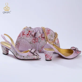 QSGFC В Африканския стил новият Пристигането на Модерни Синтетични Флаш Материал Стил Сладко Розов Цвят, Вечерни Сватбени Дамски Обувки и Чанта Комплект