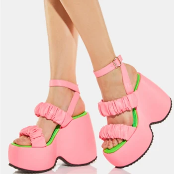 RIBETRINI INS/ Лидер на Продажбите, марковите дамски Сандали на платформа и висок танкетке с отворени пръсти и изкривени, летни Ежедневни вечерни обувки на Токчета в стил пънк Розов Цвят