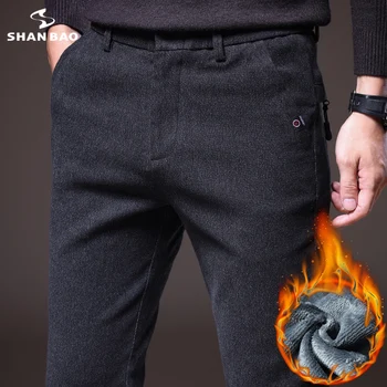 SHAN BAO есен зима руно дебел топъл джоб с цип за момчета студентски тесни панталони, официални панталони с еластичен ластик на талията за млади хора