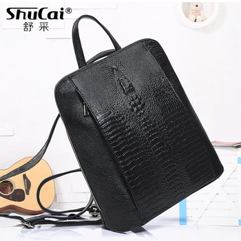 SHUCAI луксозна раница за лаптоп от естествена кожа, дамски 14-инчовата чанта за колеж, училищна чанта за момичета, черна раница, голям пътен раница, в чантата