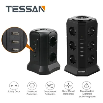TESSAN EU Plug Power Strip Tower с 5 порта USB зарядно устройство + 12 контакти 2 м/6,5 метра удължителен кабел за Защита от претоварване за Включване/Изключване