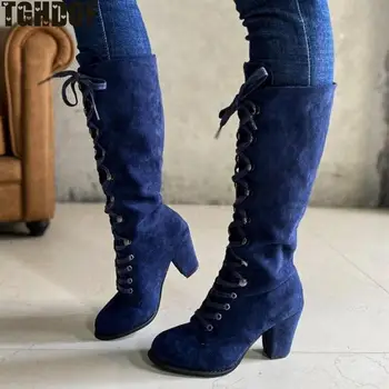 Tghdof2021/Модни обувки; дамски обувки с дължина до коляното; дамски ежедневни реколта обувки със средна дължина, в ретро стил на високо кружевном ток
