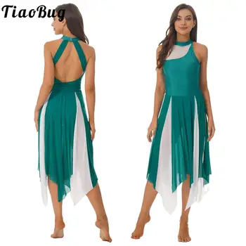 Tiaobug женски цвят блок Лоскутная Halter размер 3XL без ръкави танц рокля Сплит нередовни Хем рокля от прозрачна мрежа етап показва, костюми