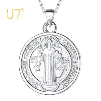 U7 Монета на Св. Бенедикт Колие от Сребро 925 Проба Изящна Верижка с Висулка Медал Бижута Католически Подарък за Жени, Момичета
