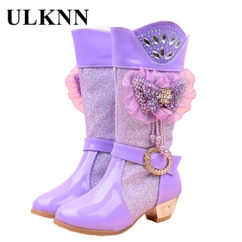 ULKNN/детски зимни обувки на висок ток за момичета, детски лилави ботуши с лък, кадифе Памучен Обувки, Кожени обувки Принцеса с кръгло бомбе