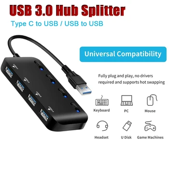 USB 3.0 Хъб Сплитер USB удължителен кабел 4 Порта 5 Gbit/с Високоскоростен ултра тънък Концентратор на Данни с личен ключ за хранене и за Лаптоп led