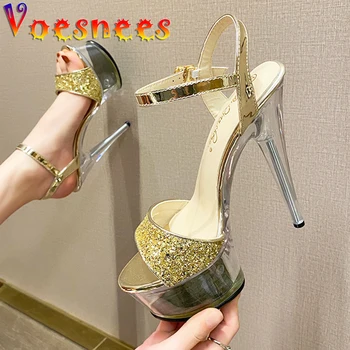 Voesnees/Сандали на платформа; Новост 2021 г.; Дамски обувки от плат с пайети; обувки за стриптийз на тънък ток с отворени пръсти; Пикантни обувки за Подиум