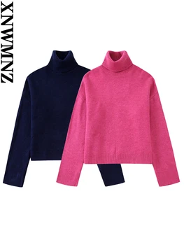 XNWMNZ 2022, женски модерен вязаный пуловер с висока воротом, дамски ежедневни универсална долната риза с дълъг ръкав, дамски ефектен пуловер