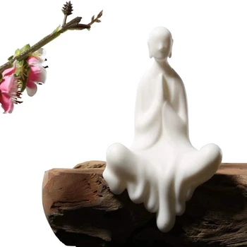 Бяла Керамична Скъпа Седнала Статуя На Буда Красива Скулптура Моли Ръце Медитация Фигурка Монах Мирно Малка Статуетка
